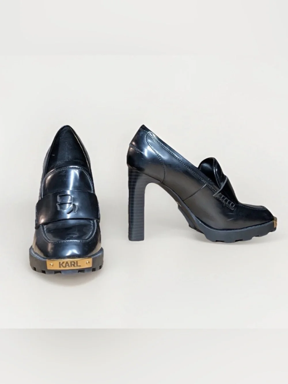 Karl Lagerfield Women's High Heel Pumps Loafers Chunky Black & Gold Logo Sz 8.5M - Picture 2 of 11